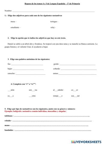 Repaso temas 4 y 5 Lengua-3º Primaria