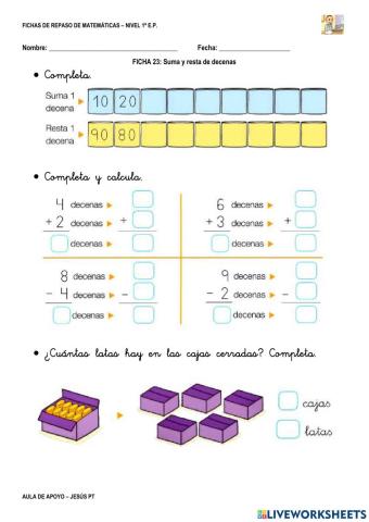 Ficha Matemáticas 23-1EP-Suma y resta de decenas