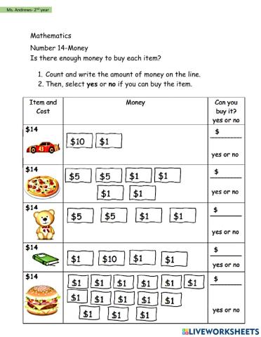 Number 14-Money Worksheet
