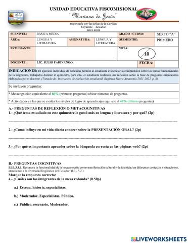 Evaluación Quimestral de matemática Sexto A