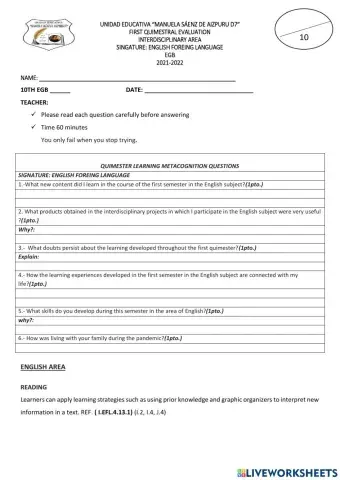 Ejercicios Online- First Evaluation- I QUIM- 10th EGB