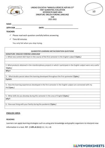 Ejercicios Online- First Evaluation- I QUIM- 10th EGB