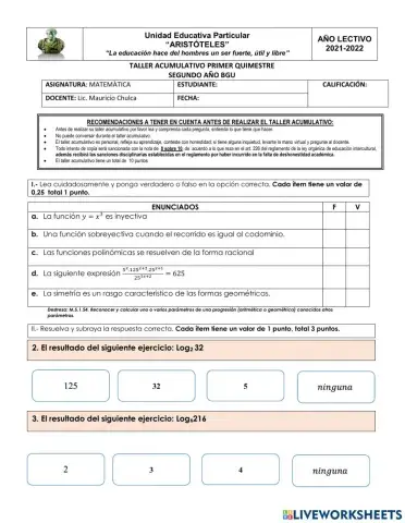 Taller quimestral matemática segundo bgu