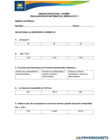 Evaluación Módulo 2 de 7°