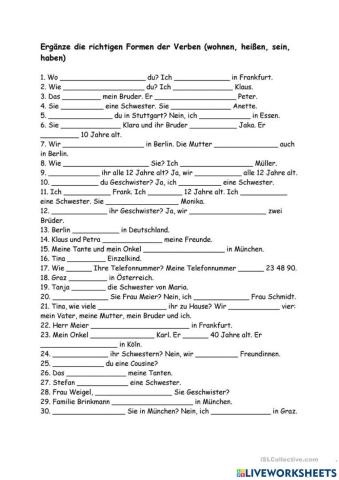Wohnen, heißen, sein, haben