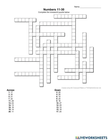 Numbers 11-30 Crossword