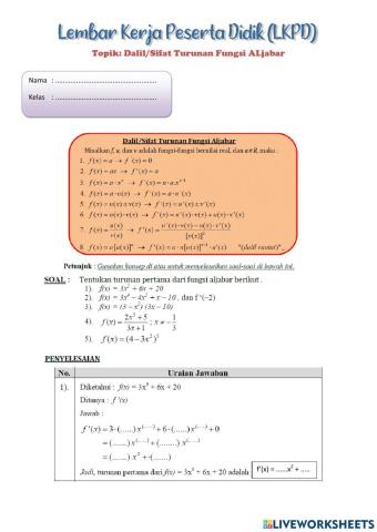LKPD Turunan Fungsi aljabar