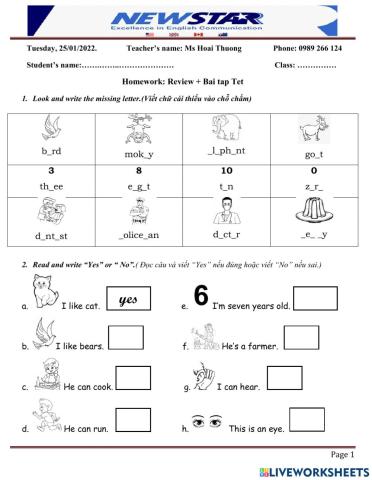 Bài tập Tết 2022 G1