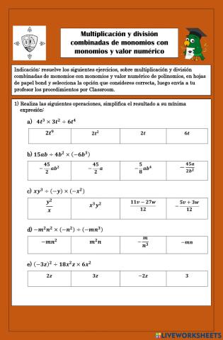 Multiplicación y división con monomios