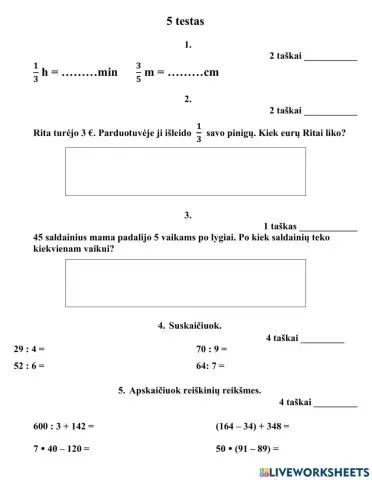 Matematikos testas Nr. 5 3kl