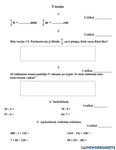 Matematikos testas Nr. 5 3kl
