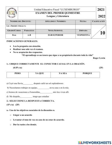 Examen Primer Q Lengua octavo lux