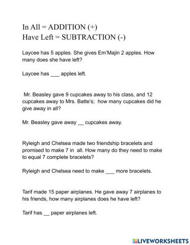 Word Problem Addition and Subtraction