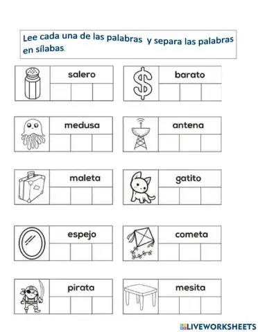 Separación de palabras en sílabas.