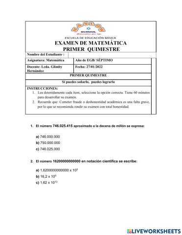 Examen I quimestral 7mo