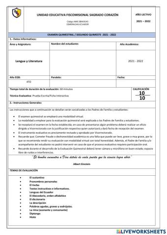 Examen quimestral de lengua y literatura