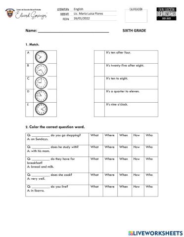 Test english 6th grade 1st semester