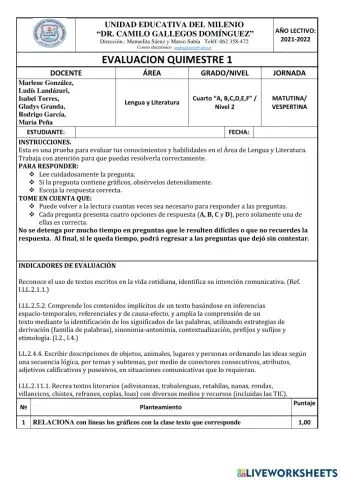 Evaluación quimestral Lengua y Literatura