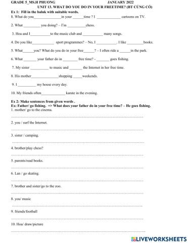 Unit 13. freetime.bt củng cố