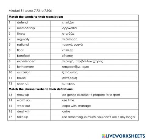 Mindset B1 words 7.72 to 7.106