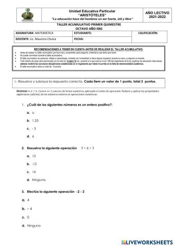Taller quimestral matemática octavo