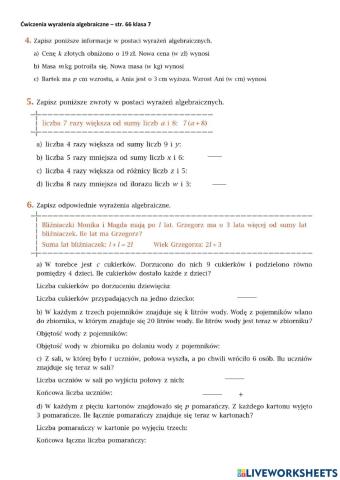 Ćwiczenia wyrażenia algebraiczne str. 66 klasa 7