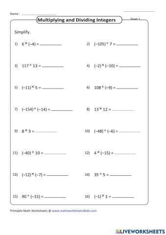 Multiplying and Dividing Integers