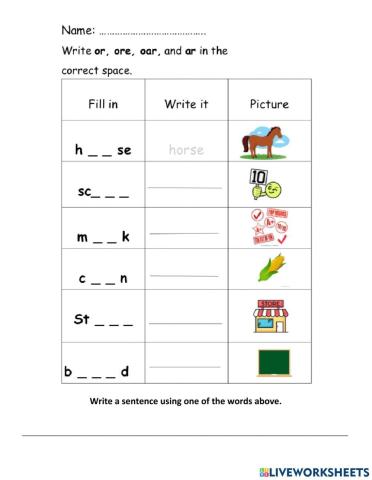 R-Controlled Vowels: or, ore, oar, ar
