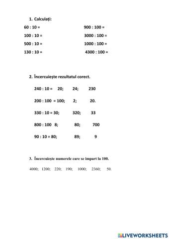 Împărțirea la 10 , la 100