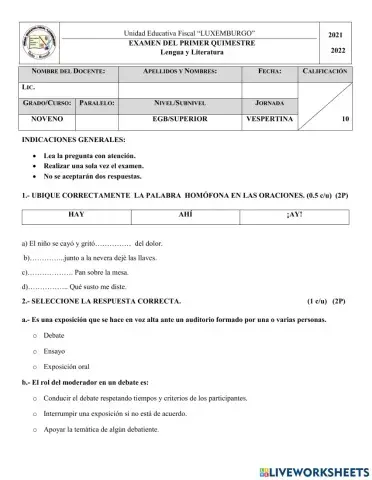 Examen 9no lengua I Quimestre