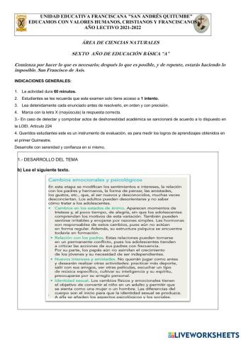 Examen Quimestral  de Ciencias Naturales