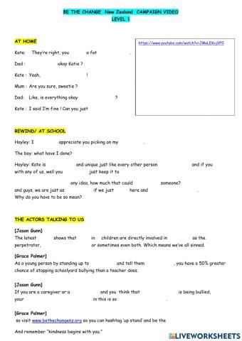 Listening Comprehension LEVEL 1 - (Bullying) BE THE CHANGE NZ CAMPAIGN