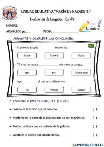 Evaluación Lenguaje 2Q -2P