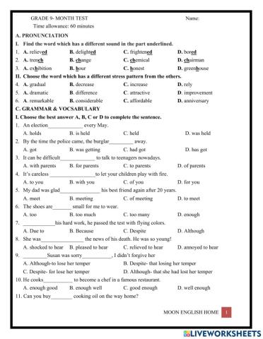 Grade 9B- Month Test