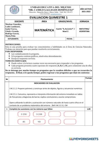 Evaluacion quimestre 1 matematica
