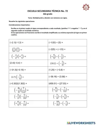 Multiplicación y división de números fraccionarios y decimales con signo