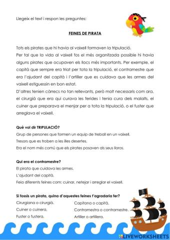 Comprensió lectora: Feines de pirates