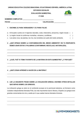 Evaluación Quimestral 5 EGB