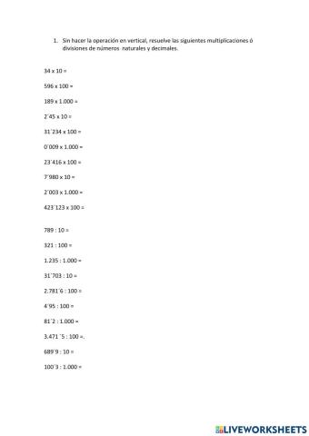 Multiplicaciones y divisiones de números enteros y decimales por unidad seguida de ceros