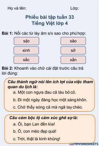 Phiếu bài tập tuần 33 Tiếng Việt lớp 4