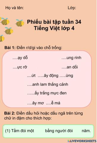 Phiếu bài tập tuần 34 Tiếng Việt lớp 4