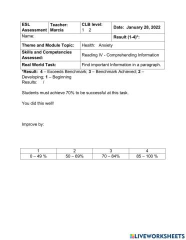 Anxiety Reading Assessment CLB 1 and 2