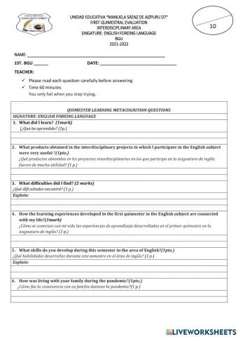 Ejercicios Online-First Evaluation-IQUIM-1st BGU-A