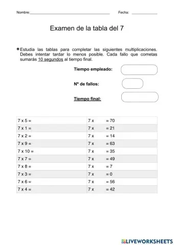Evaluación Tabla del 7
