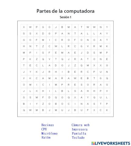 Sopa de letras Partes de la computadora