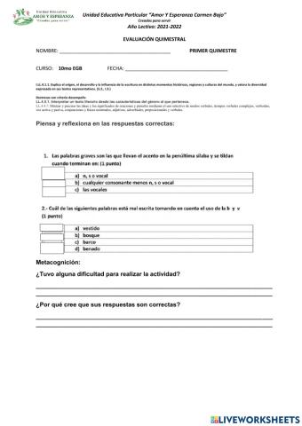 Prueba quimestral de lengua y literatura