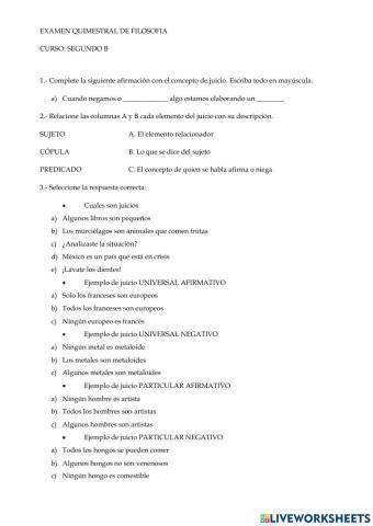 Examen quimestral de filosofia segundo b