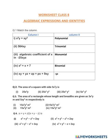 Algebraic expressions and identities