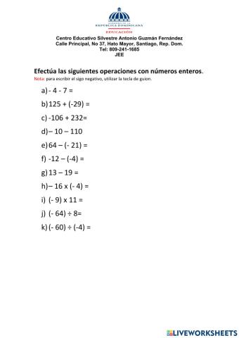 Operaciones con números enteros.
