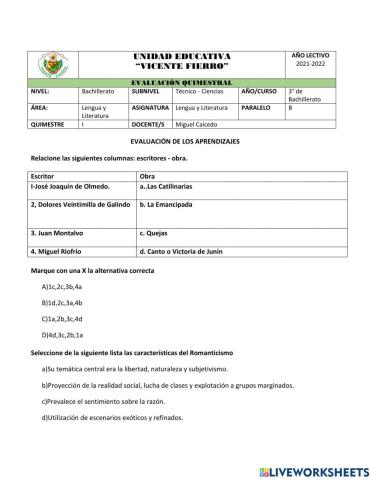 Examen Tercero de Bachillerato